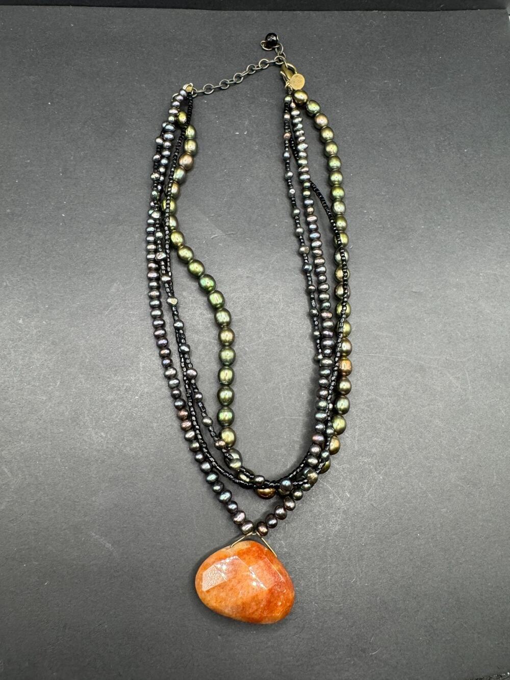 Vintage David Aubrey Signed Multi Strand Beaded Pendant Statement Necklace